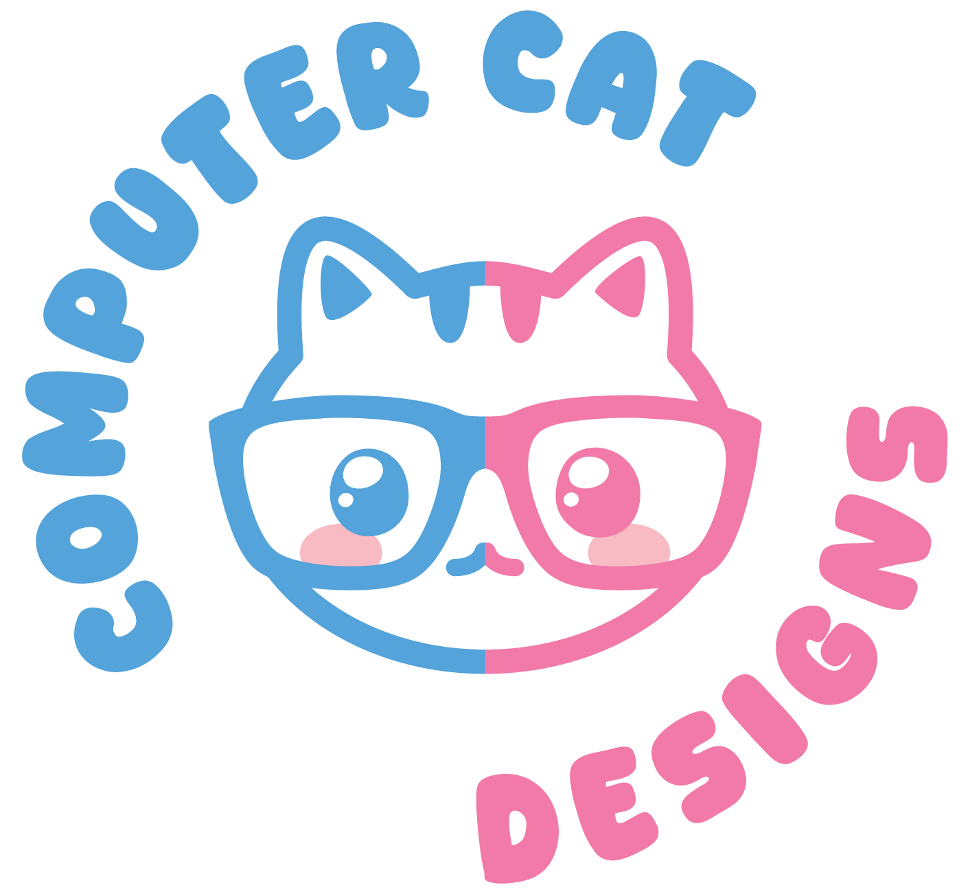 Computer Cat Designs logo in blue and pink text in a bubbly font. The letter O is replaced by cute blue and pink cat wearing glasses.