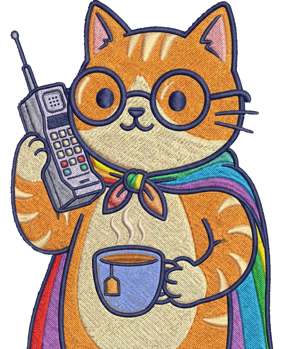 An image of a cute embroidered cat, holding a phone and a cup of tea. He wears a rainbow colored cap and glasses. The background is blue. 