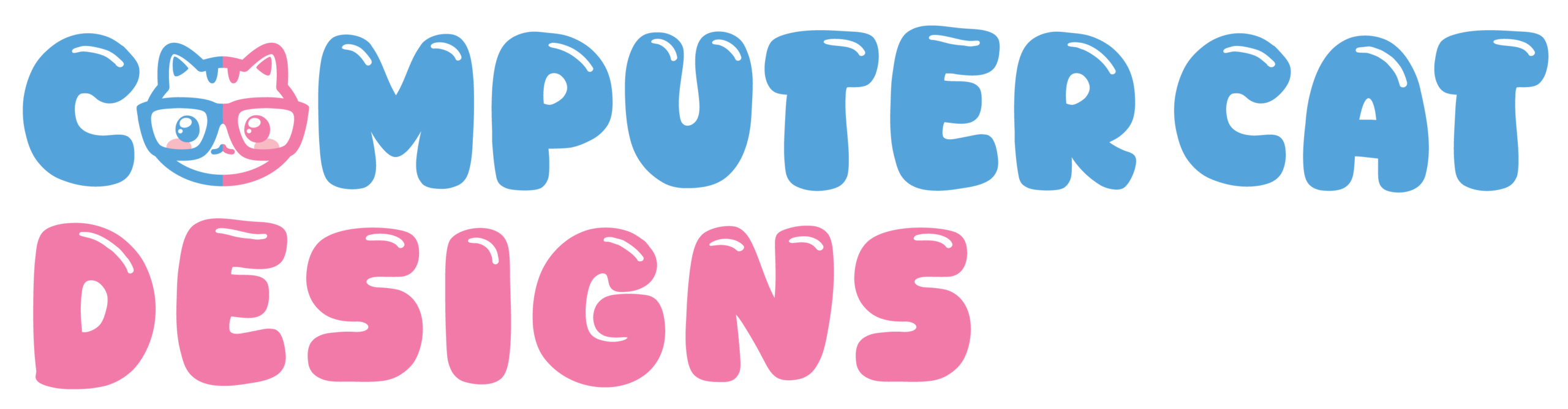 Computer Cat Designs logo in blue and pink text in a bubbly font. The letter O is replaced by cute blue and pink cat wearing glasses.
